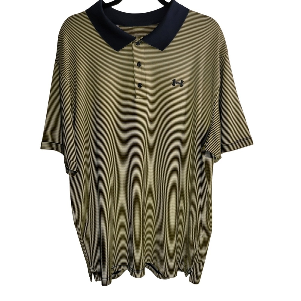 Under Armour Polo Mens 2XL Navy Gold Striped HeatGear Loose Fit Golf Shirt